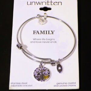 NWT $55 Silver Plated Crystal Family Tree Charm Stainless Bracelet, Unwritten